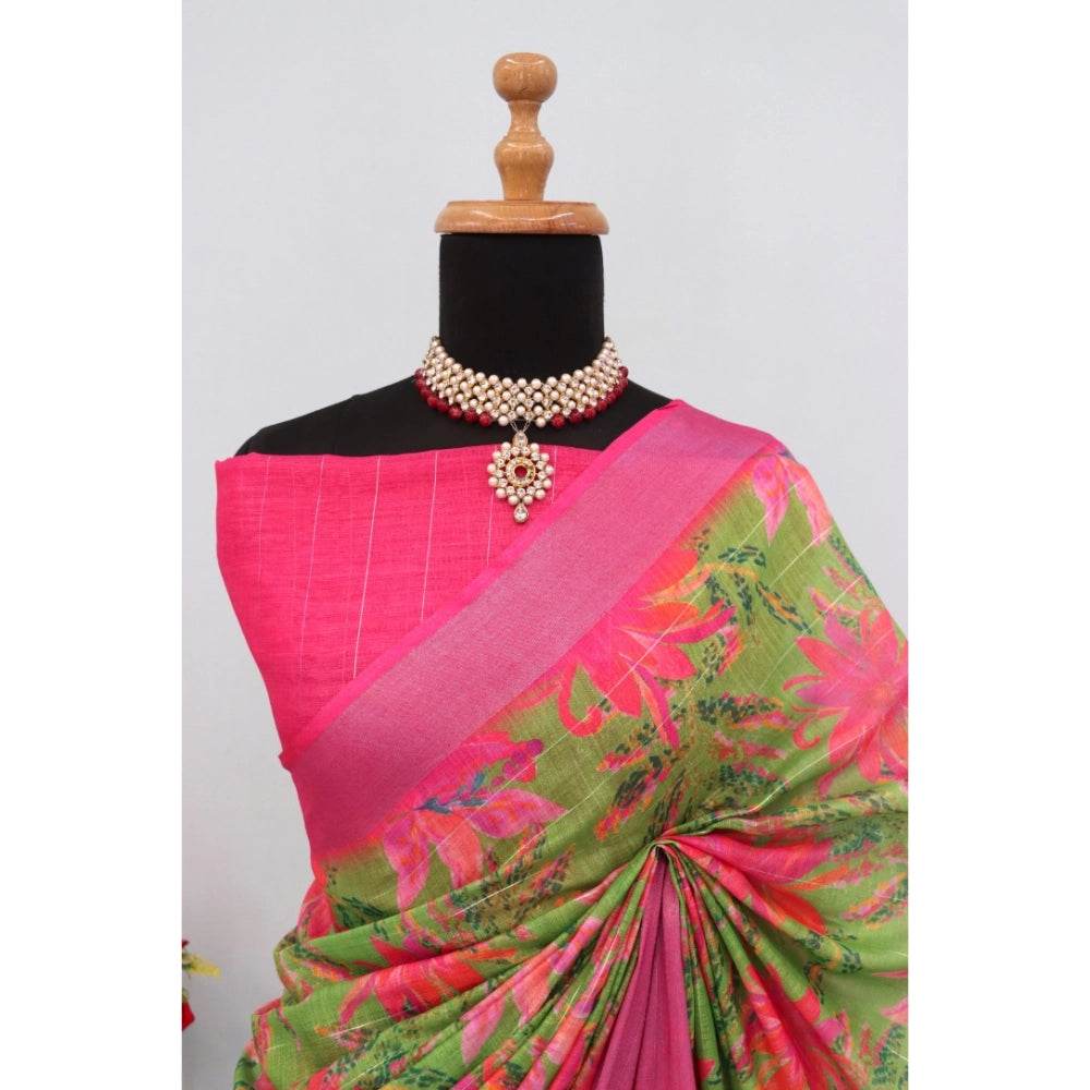 Generic Women's Linen Digital Print Saree With Unstitched Blouse 5.5Mtr (Green) - MYLUXURY LANE ENTERPRISE