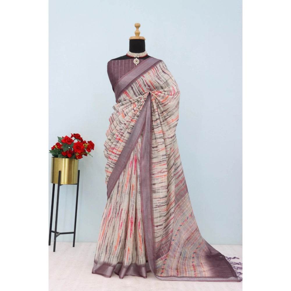 Generic Women's Linen Digital Print Saree With Unstitched Blouse 5.5Mtr (Grey) - MYLUXURY LANE ENTERPRISE