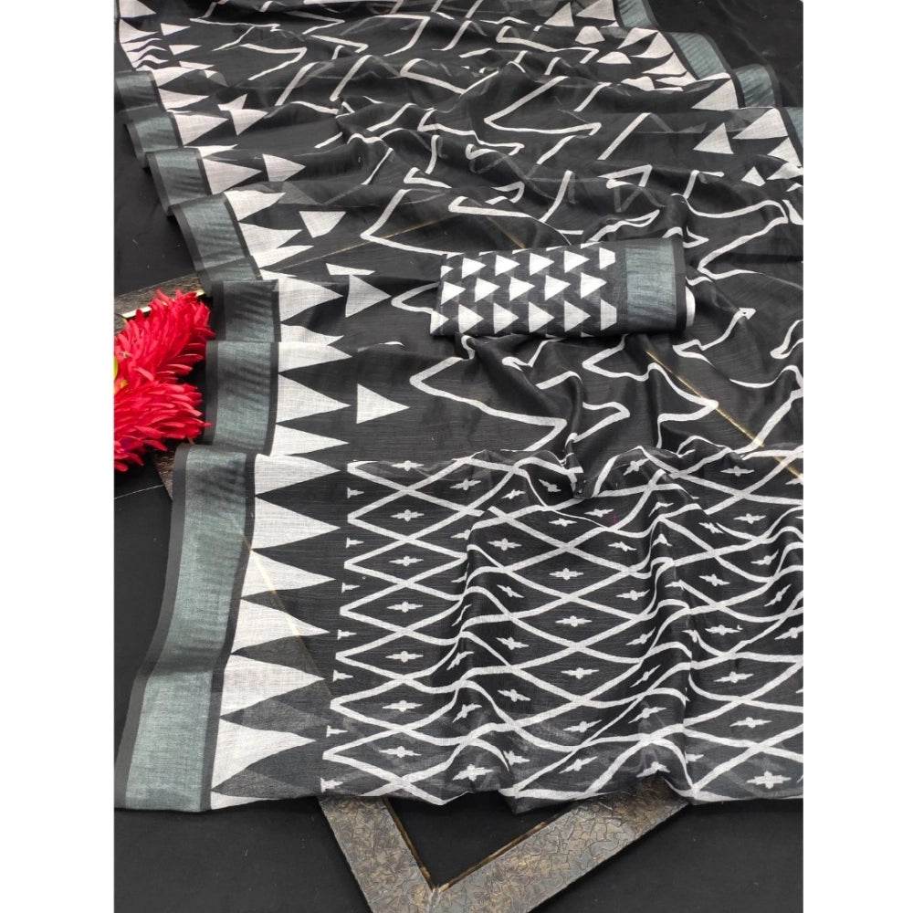 Generic Women's Cotton Linen Woven Design Saree With Unstitched Blouse 5.5Mtr (Black) - MYLUXURY LANE ENTERPRISE