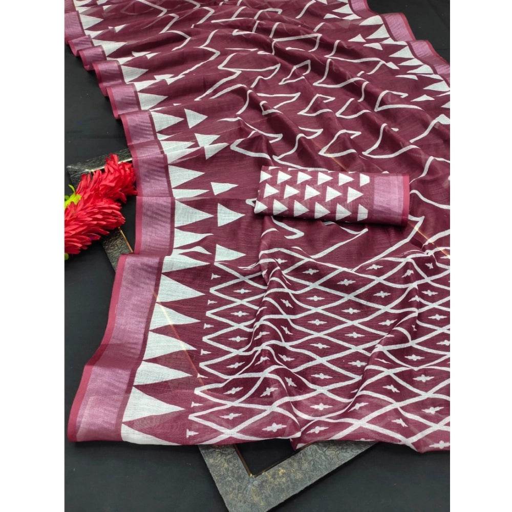 Generic Women's Cotton Linen Woven Design Saree With Unstitched Blouse 5.5Mtr (Maroon) - MYLUXURY LANE ENTERPRISE