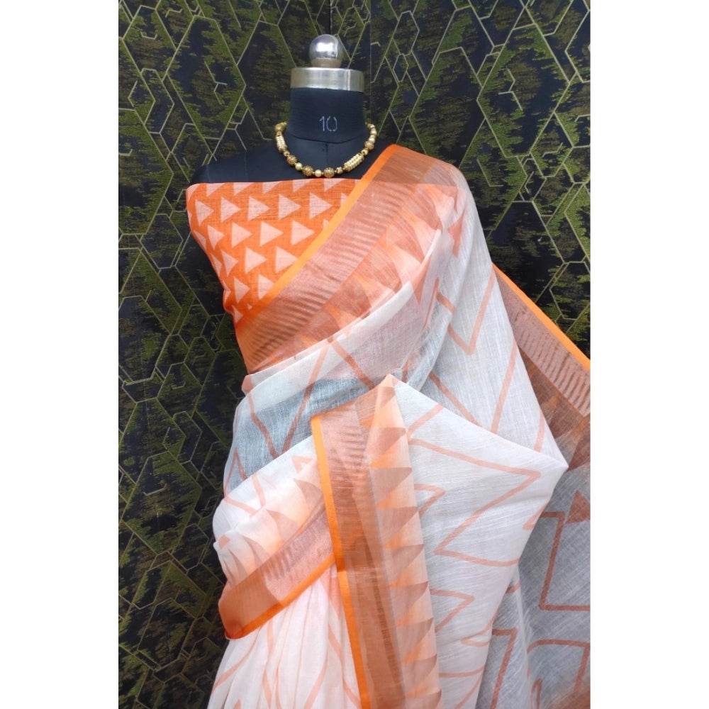 Generic Women's Cotton Linen Woven Design Saree With Unstitched Blouse 5.5Mtr (Orange) - MYLUXURY LANE ENTERPRISE