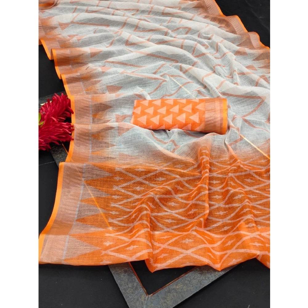 Generic Women's Cotton Linen Woven Design Saree With Unstitched Blouse 5.5Mtr (Orange) - MYLUXURY LANE ENTERPRISE