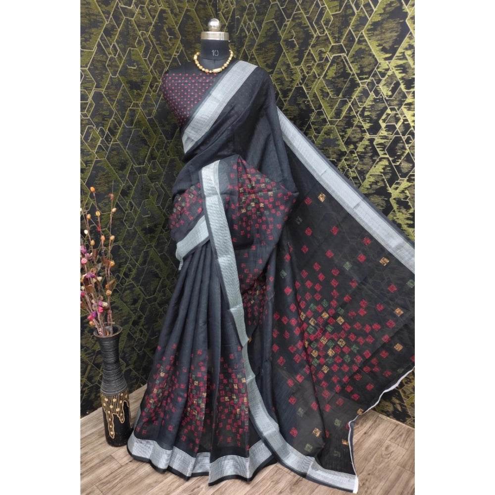 Generic Women's Cotton Linen Digital Print Saree With Unstitched Blouse 5.5Mtr (Black) - MYLUXURY LANE ENTERPRISE