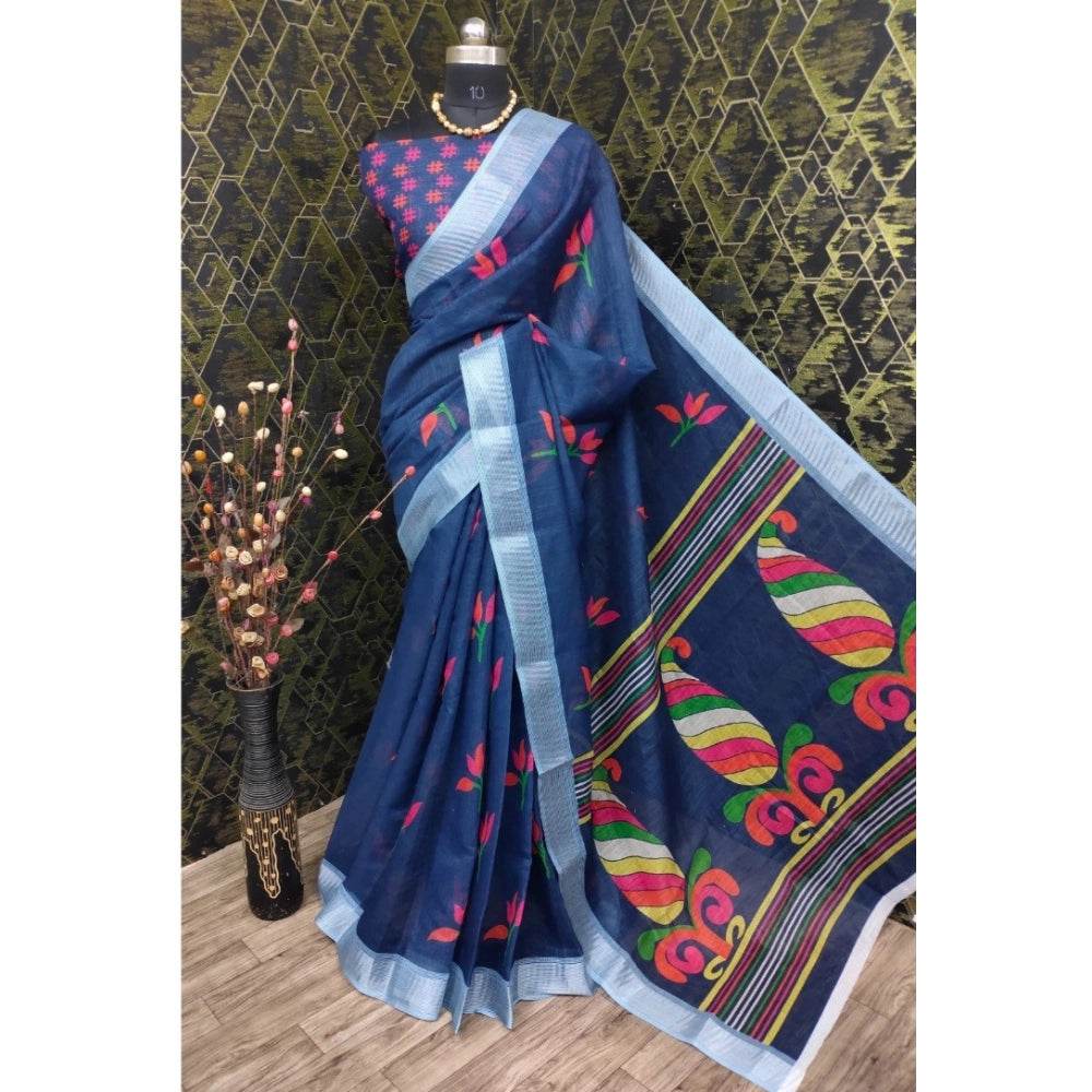 Generic Women's Cotton Linen Digital Print Saree With Unstitched Blouse 5.5Mtr (Blue) - MYLUXURY LANE ENTERPRISE