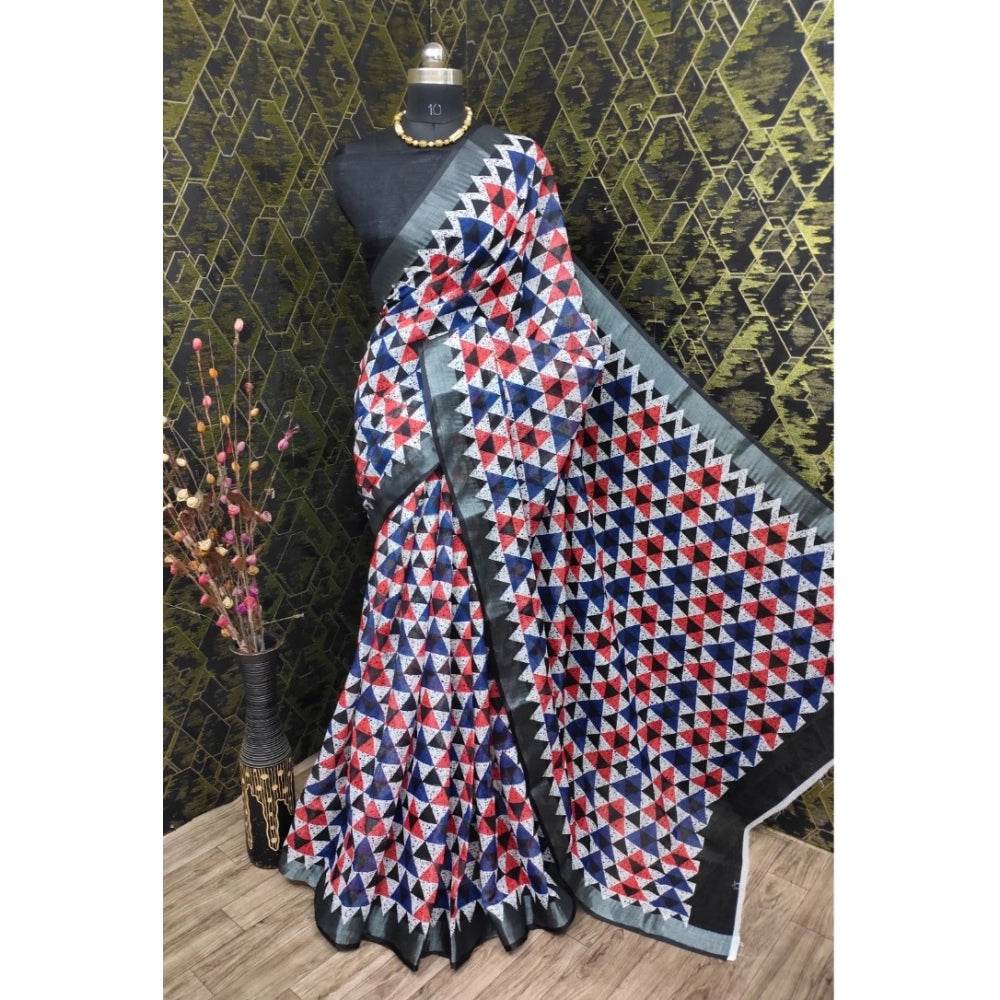 Generic Women's Cotton Linen Printed Saree With Unstitched Blouse 5.5Mtr (Black) - MYLUXURY LANE ENTERPRISE