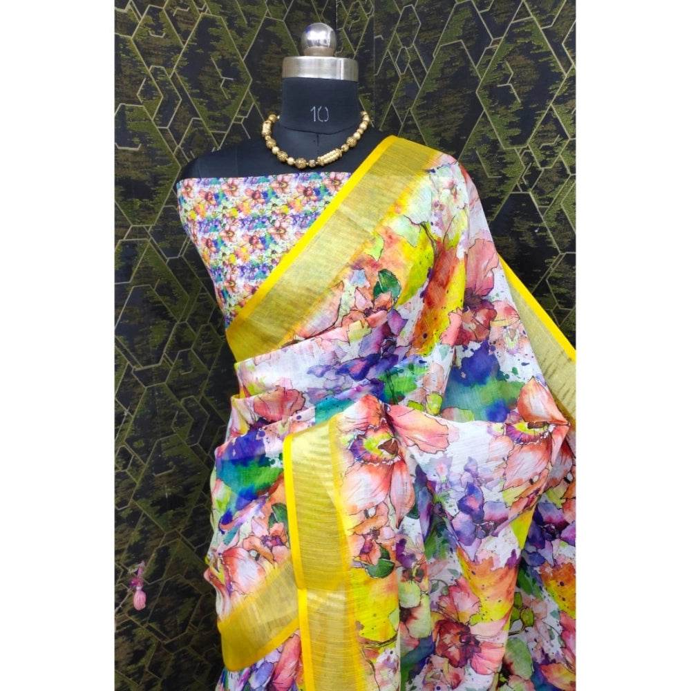 Generic Women's Cotton Linen Printed Saree With Unstitched Blouse 5.5Mtr (Yellow) - MYLUXURY LANE ENTERPRISE
