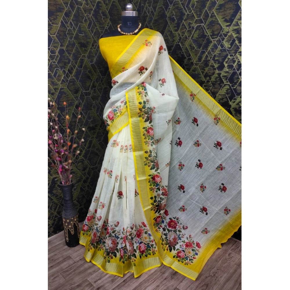 Generic Women's Cotton Linen Woven Design Saree With Unstitched Blouse 5.5Mtr (Yellow) - MYLUXURY LANE ENTERPRISE