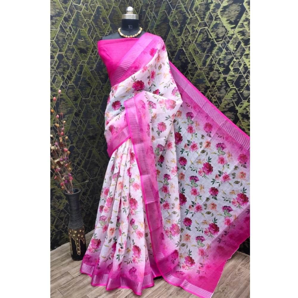 Generic Women's Cotton Linen Woven Design Saree With Unstitched Blouse 5.5Mtr (Pink) - MYLUXURY LANE ENTERPRISE