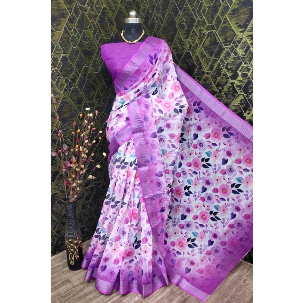 Generic Women's Cotton Linen Woven Design Saree With Unstitched Blouse 5.5Mtr (Purple) - MYLUXURY LANE ENTERPRISE