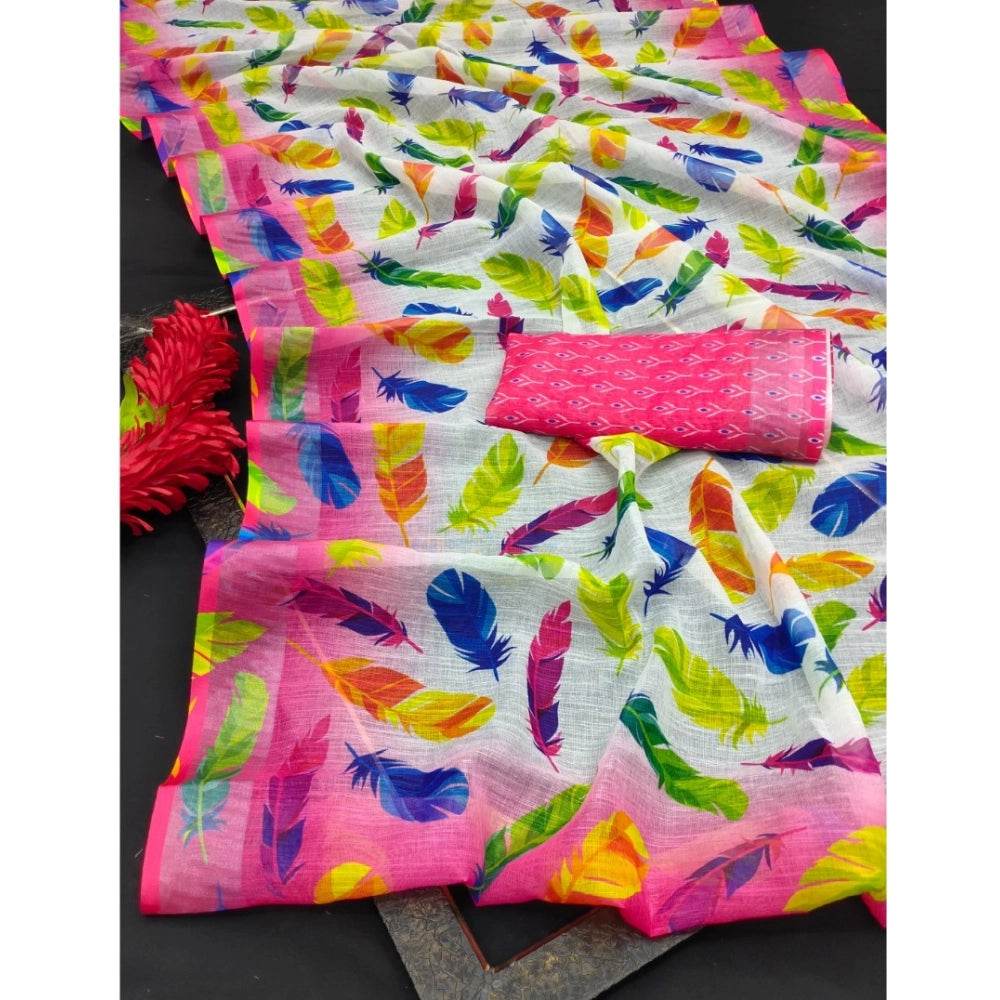 Generic Women's Cotton Linen Woven Design Saree With Unstitched Blouse 5.5Mtr (Pink) - MYLUXURY LANE ENTERPRISE