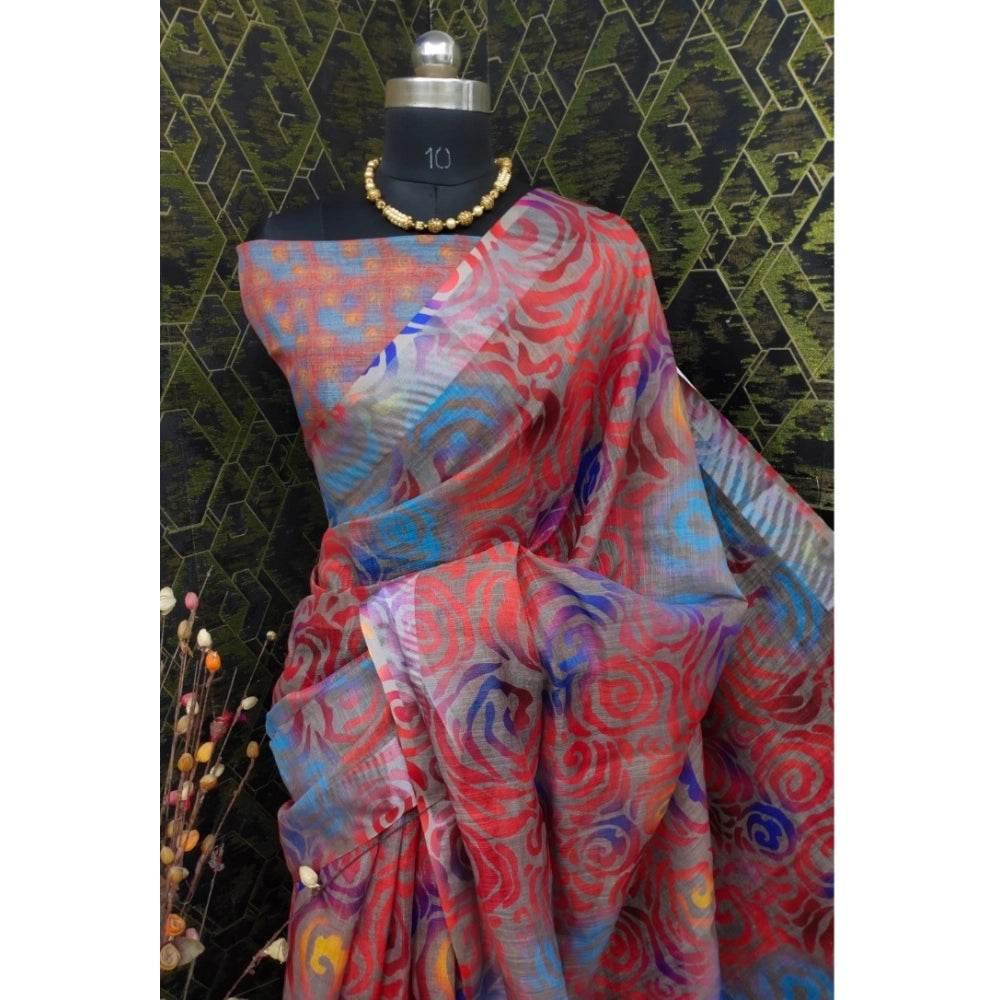 Generic Women's Cotton Linen Woven Design Saree With Unstitched Blouse 5.5Mtr (Red) - MYLUXURY LANE ENTERPRISE