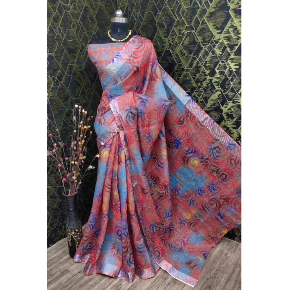 Generic Women's Cotton Linen Woven Design Saree With Unstitched Blouse 5.5Mtr (Red) - MYLUXURY LANE ENTERPRISE