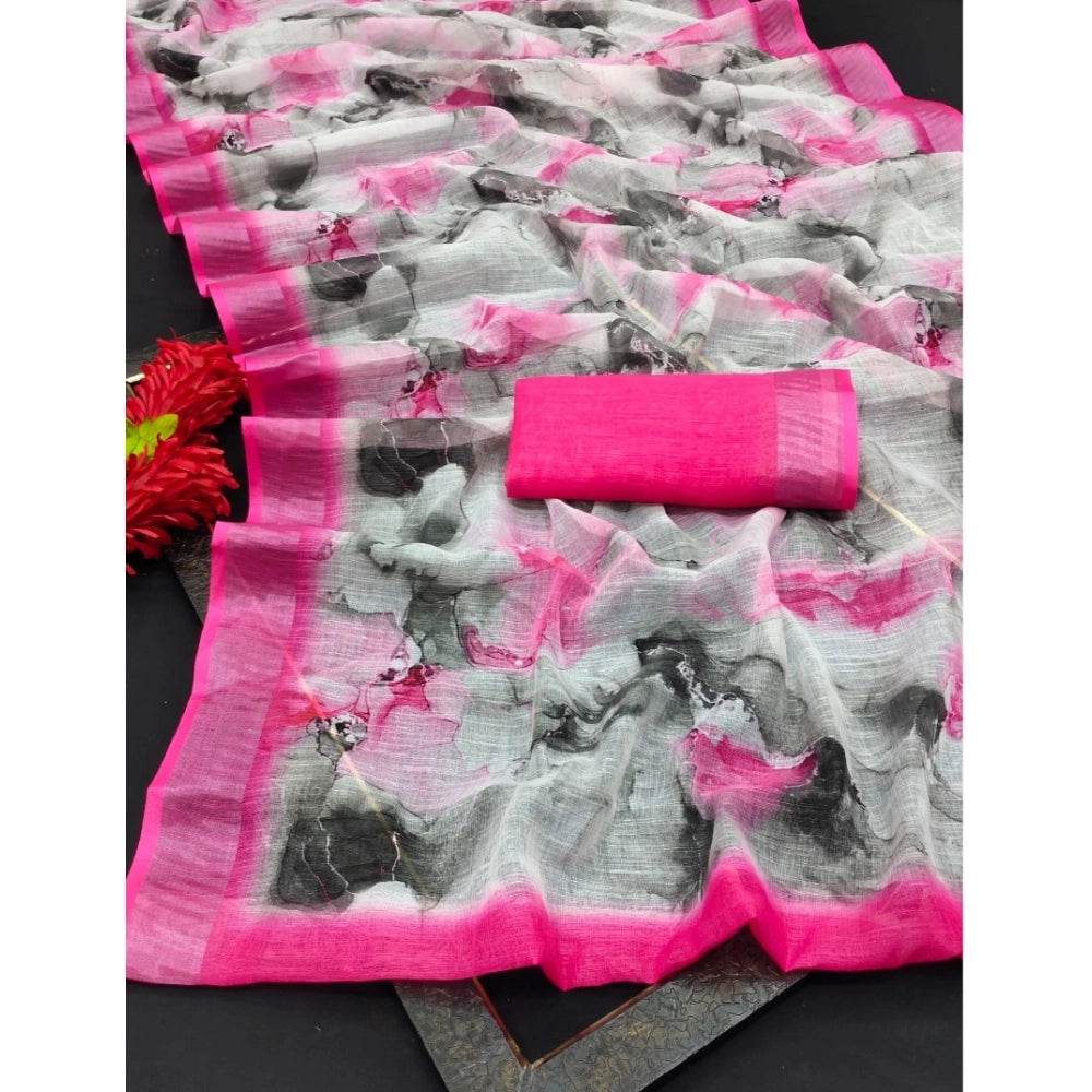 Generic Women's Cotton Linen Woven Design Saree With Unstitched Blouse 5.5Mtr (Pink) - MYLUXURY LANE ENTERPRISE