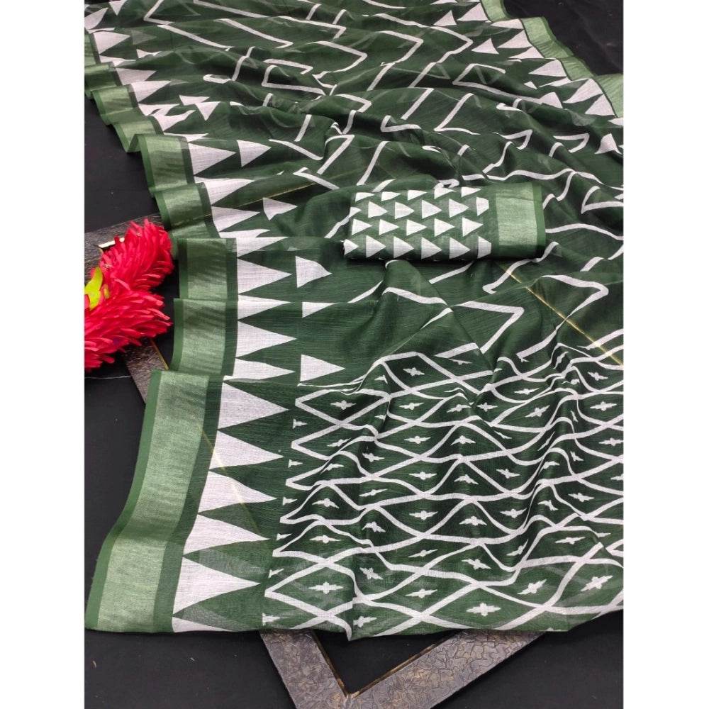 Generic Women's Cotton Linen Woven Design Saree With Unstitched Blouse 5.5Mtr (Green) - MYLUXURY LANE ENTERPRISE