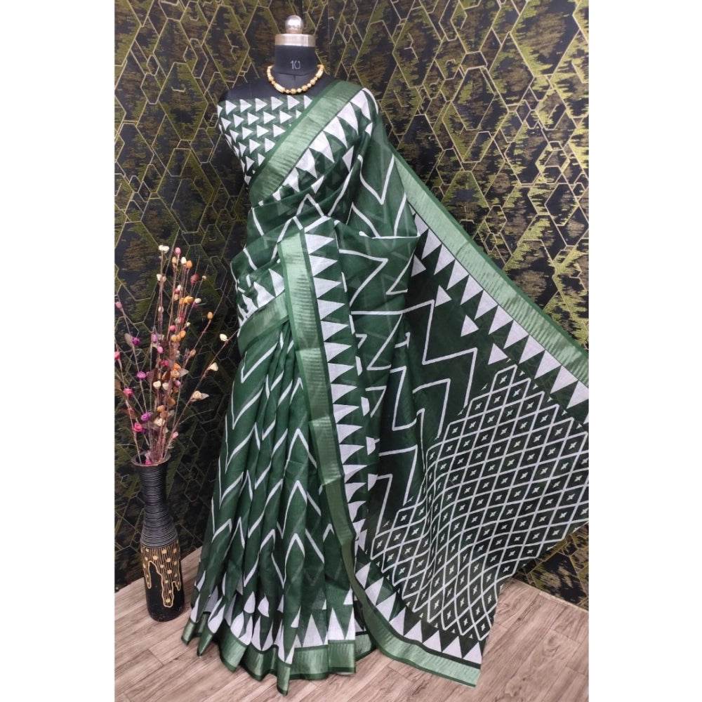 Generic Women's Cotton Linen Woven Design Saree With Unstitched Blouse 5.5Mtr (Green) - MYLUXURY LANE ENTERPRISE