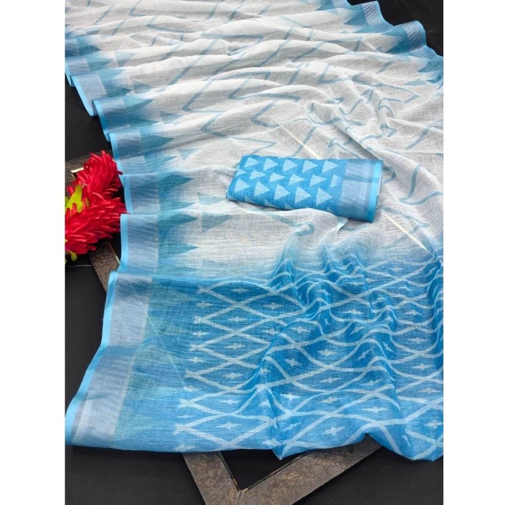 Generic Women's Cotton Linen Woven Design Saree With Unstitched Blouse 5.5Mtr (Sky Blue) - MYLUXURY LANE ENTERPRISE