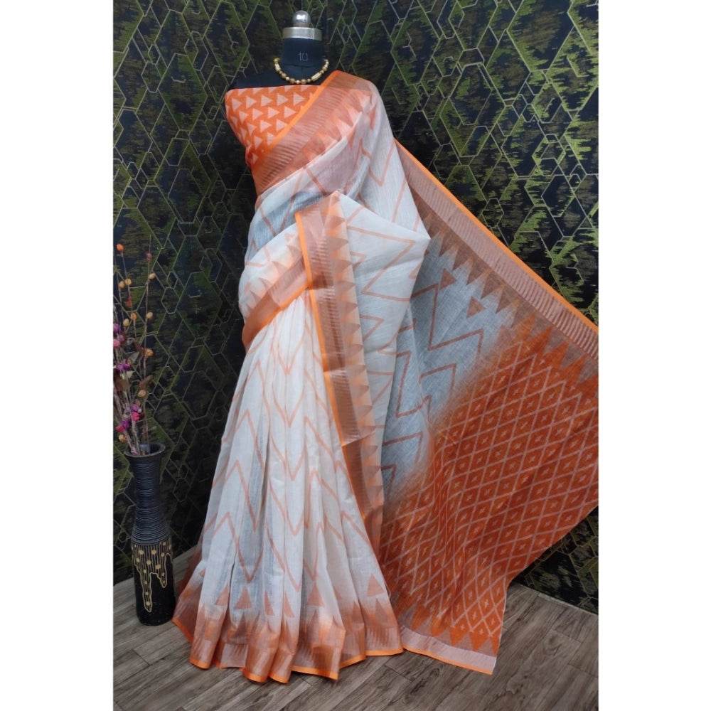 Generic Women's Cotton Linen Woven Design Saree With Unstitched Blouse 5.5Mtr (Orange) - MYLUXURY LANE ENTERPRISE