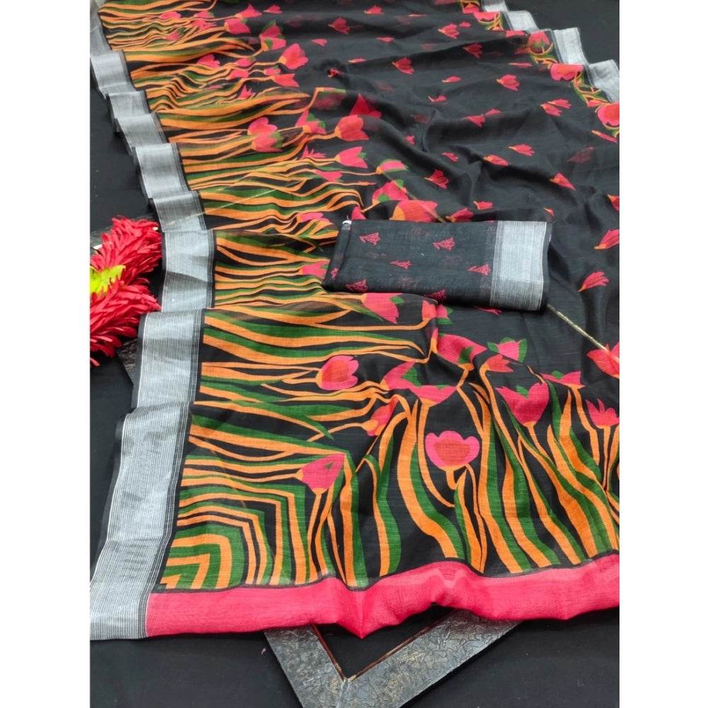 Generic Women's Cotton Linen Digital Print Saree With Unstitched Blouse 5.5Mtr (Black) - MYLUXURY LANE ENTERPRISE