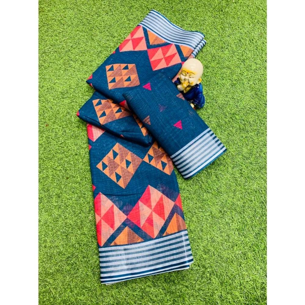 Generic Women's Cotton Linen Digital Print Saree With Unstitched Blouse 5.5Mtr (Blue) - MYLUXURY LANE ENTERPRISE