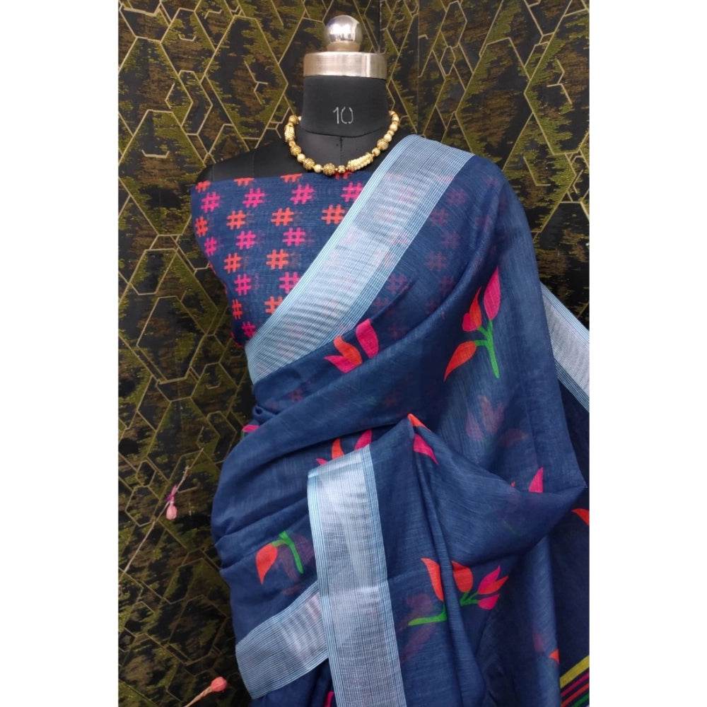 Generic Women's Cotton Linen Digital Print Saree With Unstitched Blouse 5.5Mtr (Blue) - MYLUXURY LANE ENTERPRISE