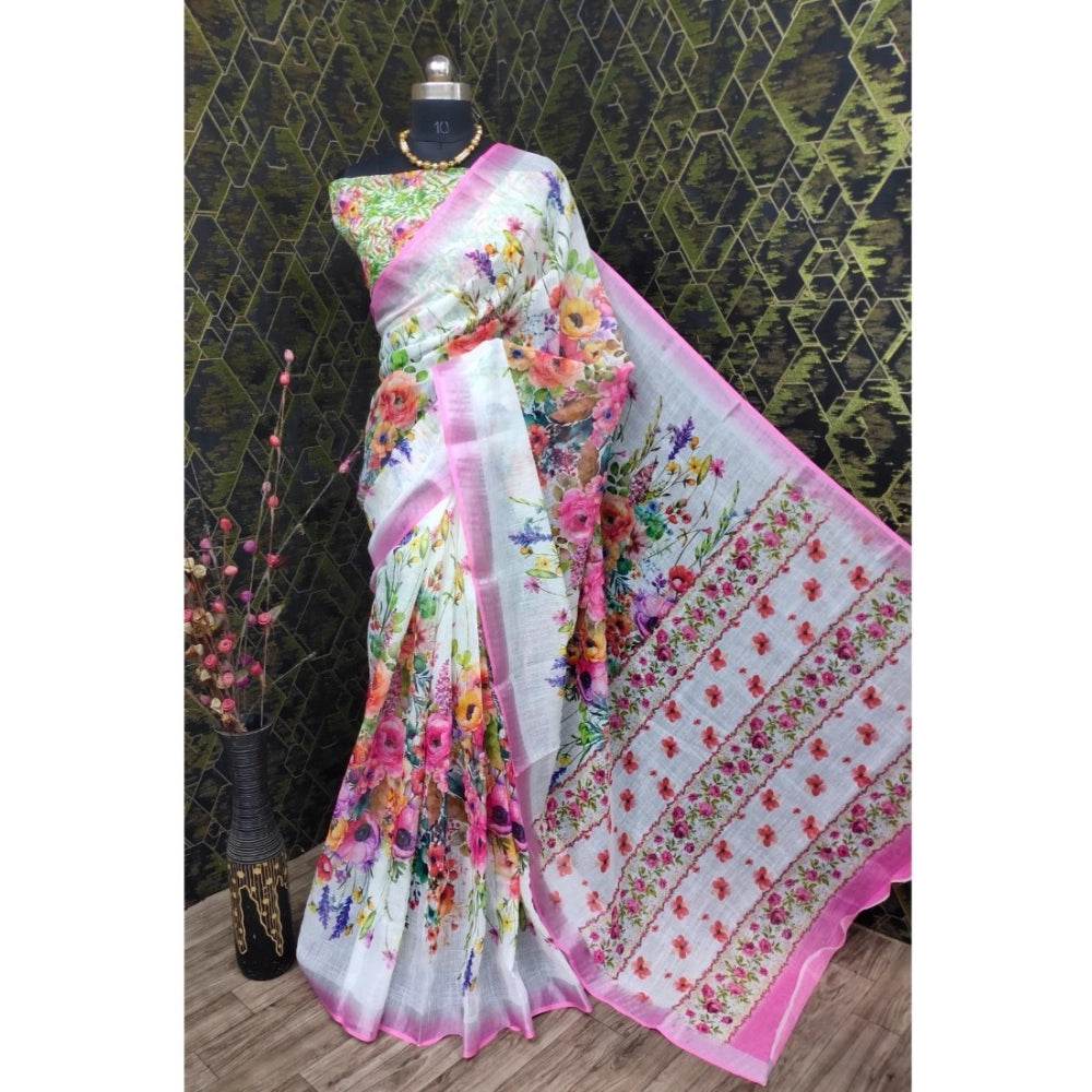 Generic Women's Cotton Linen Printed Saree With Unstitched Blouse 5.5Mtr (Pink) - MYLUXURY LANE ENTERPRISE