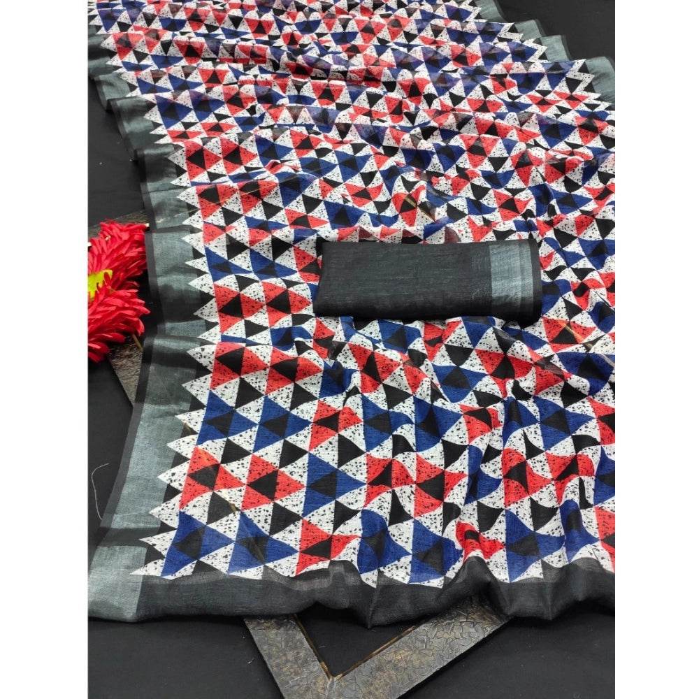 Generic Women's Cotton Linen Printed Saree With Unstitched Blouse 5.5Mtr (Black) - MYLUXURY LANE ENTERPRISE