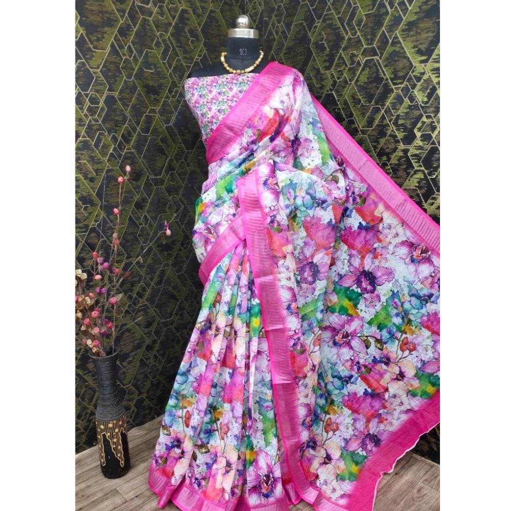 Generic Women's Cotton Linen Printed Saree With Unstitched Blouse 5.5Mtr (Pink) - MYLUXURY LANE ENTERPRISE