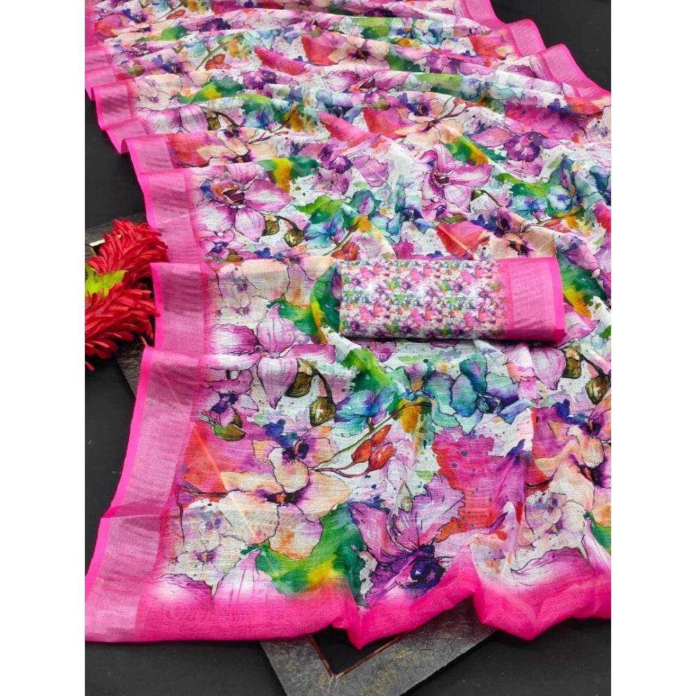 Generic Women's Cotton Linen Printed Saree With Unstitched Blouse 5.5Mtr (Pink) - MYLUXURY LANE ENTERPRISE