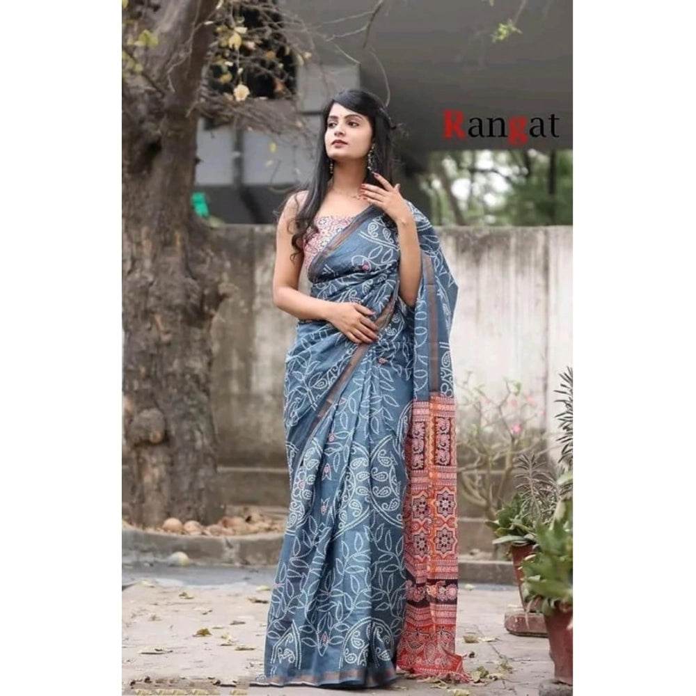 Generic Women's Cotton Linen Printed Saree With Unstitched Blouse 5.5Mtr (Grey) - MYLUXURY LANE ENTERPRISE