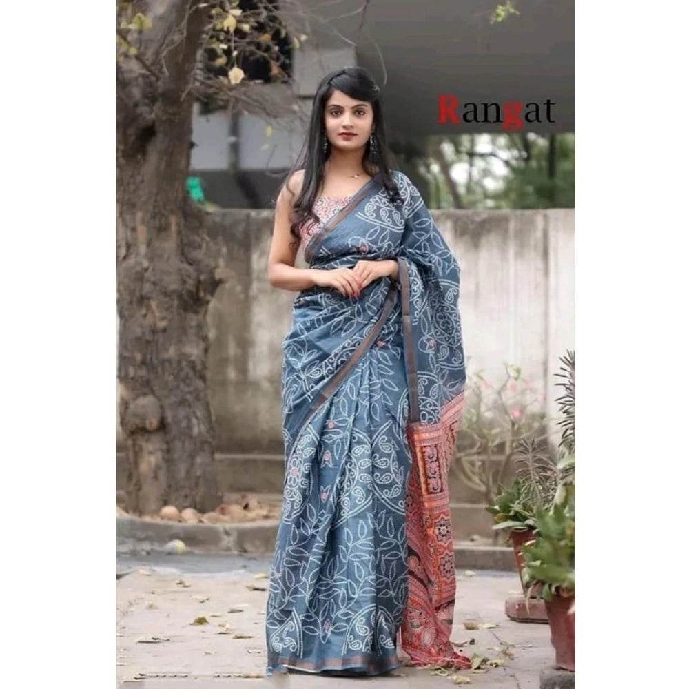 Generic Women's Cotton Linen Printed Saree With Unstitched Blouse 5.5Mtr (Grey) - MYLUXURY LANE ENTERPRISE