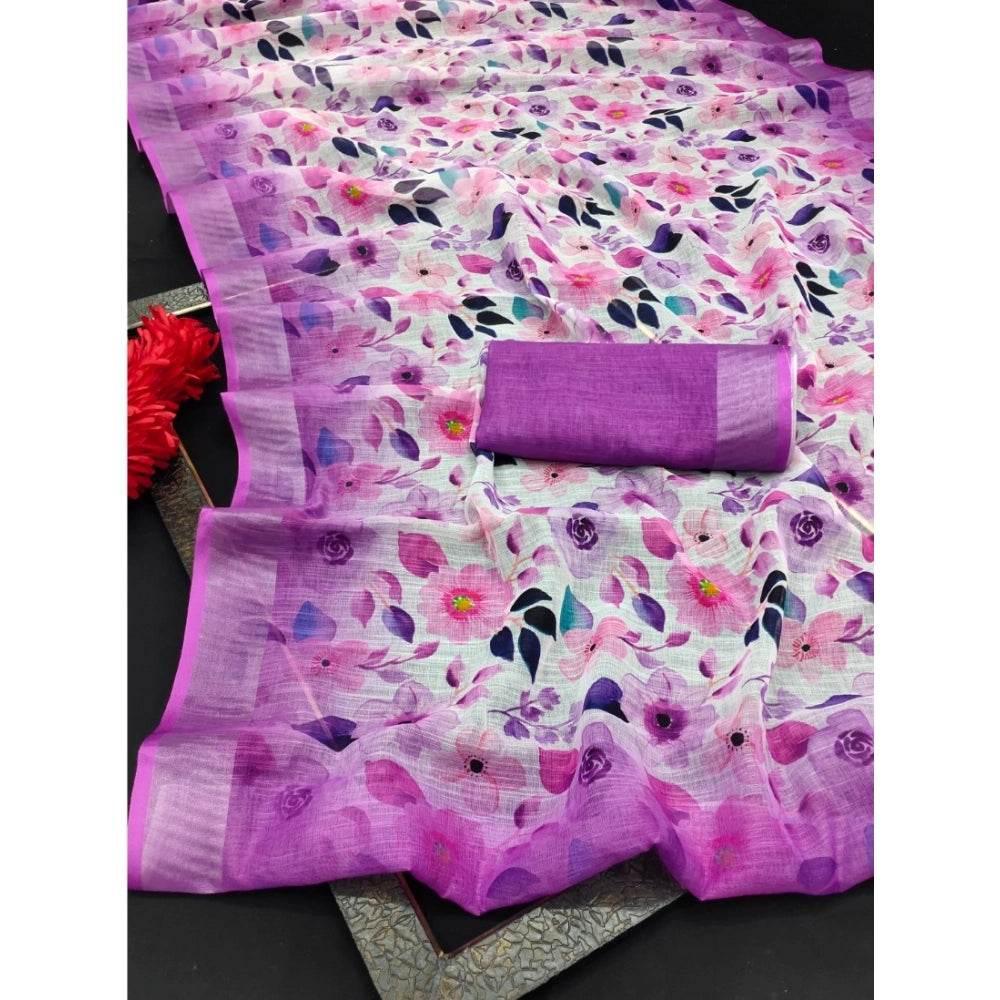 Generic Women's Cotton Linen Woven Design Saree With Unstitched Blouse 5.5Mtr (Purple) - MYLUXURY LANE ENTERPRISE