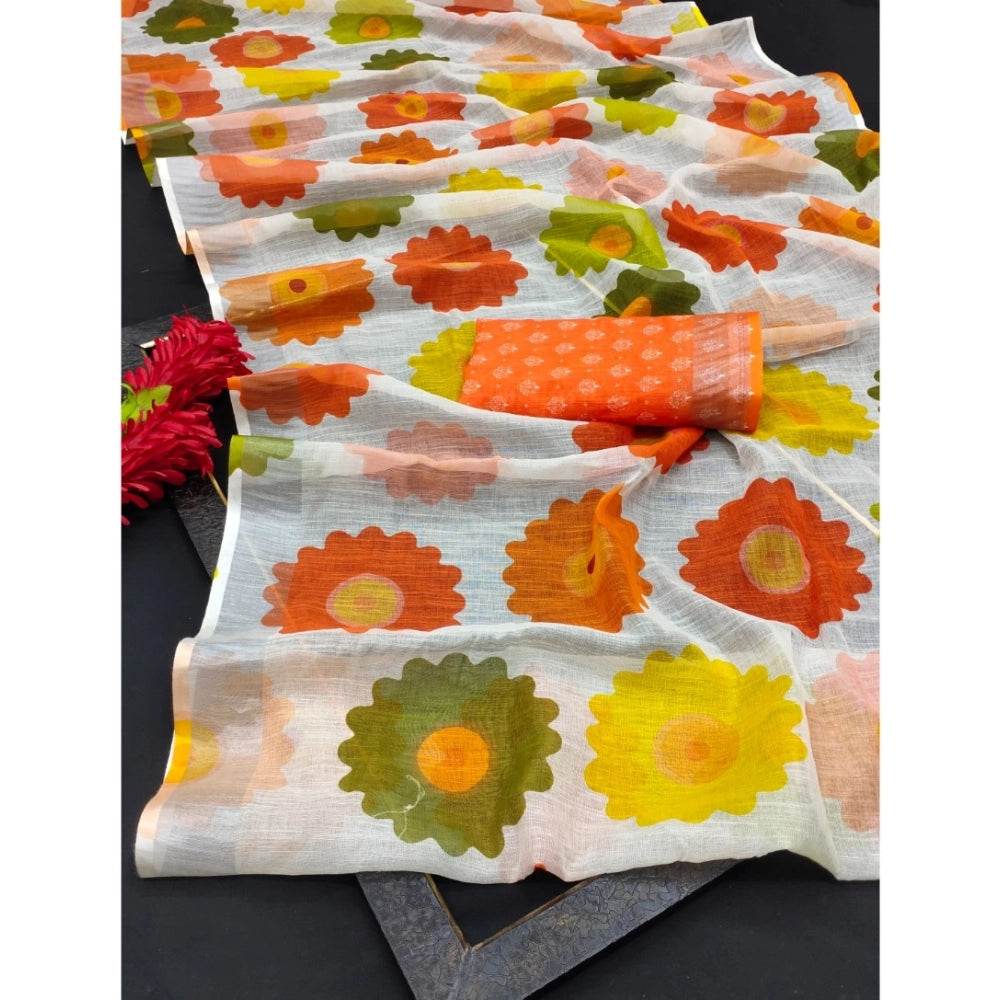 Generic Women's Cotton Linen Woven Design Saree With Unstitched Blouse 5.5Mtr (Orange) - MYLUXURY LANE ENTERPRISE