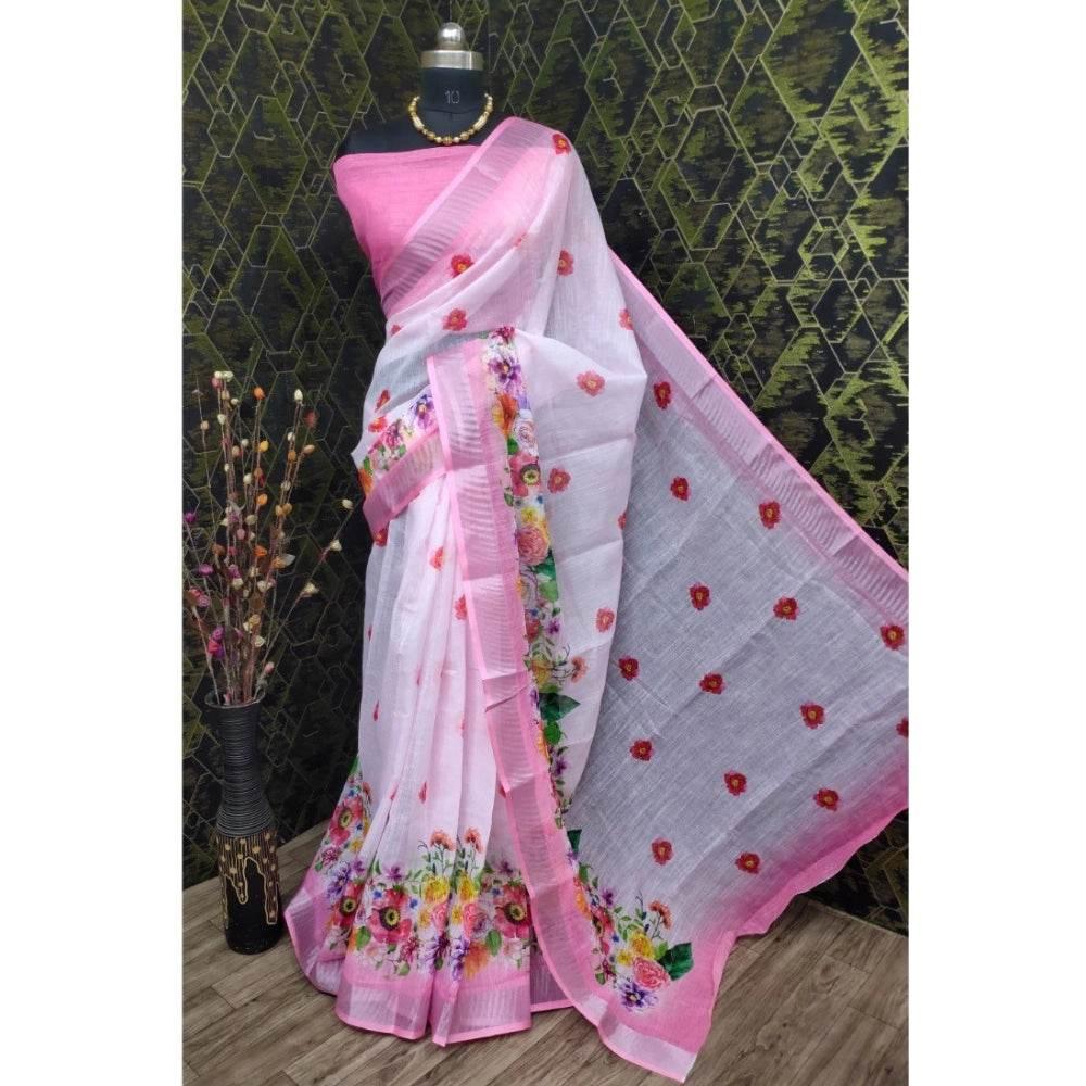 Generic Women's Cotton Linen Woven Design Saree With Unstitched Blouse 5.5Mtr (Pink) - MYLUXURY LANE ENTERPRISE