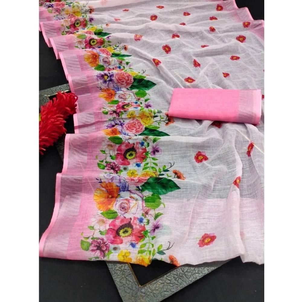 Generic Women's Cotton Linen Woven Design Saree With Unstitched Blouse 5.5Mtr (Pink) - MYLUXURY LANE ENTERPRISE