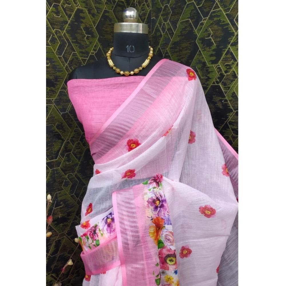 Generic Women's Cotton Linen Woven Design Saree With Unstitched Blouse 5.5Mtr (Pink) - MYLUXURY LANE ENTERPRISE