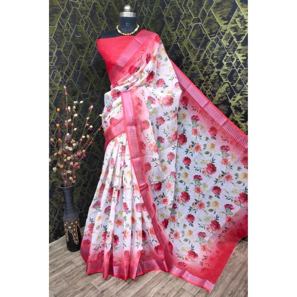 Generic Women's Cotton Linen Woven Design Saree With Unstitched Blouse 5.5Mtr (Red) - MYLUXURY LANE ENTERPRISE