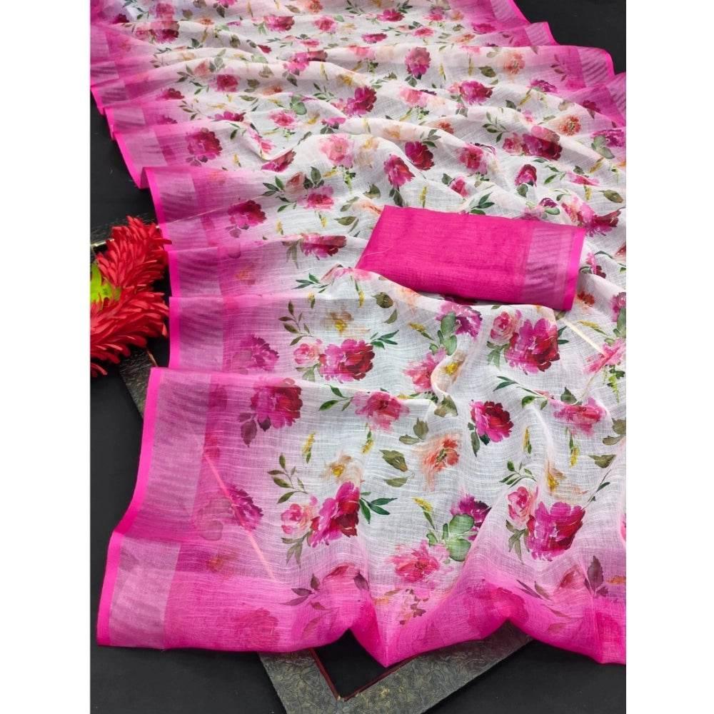 Generic Women's Cotton Linen Woven Design Saree With Unstitched Blouse 5.5Mtr (Pink) - MYLUXURY LANE ENTERPRISE