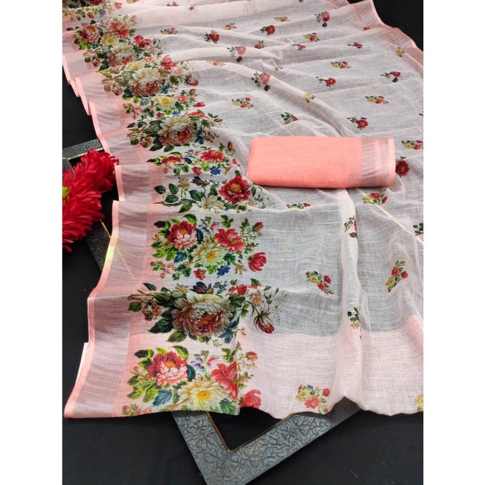 Generic Women's Cotton Linen Woven Design Saree With Unstitched Blouse 5.5Mtr (Peach) - MYLUXURY LANE ENTERPRISE