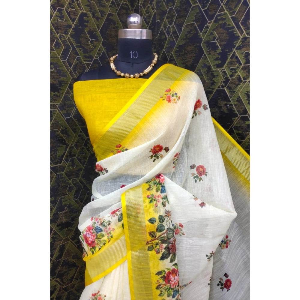 Generic Women's Cotton Linen Woven Design Saree With Unstitched Blouse 5.5Mtr (Yellow) - MYLUXURY LANE ENTERPRISE