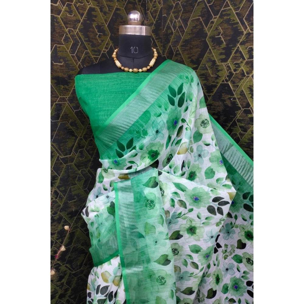 Generic Women's Cotton Linen Woven Design Saree With Unstitched Blouse 5.5Mtr (Green) - MYLUXURY LANE ENTERPRISE