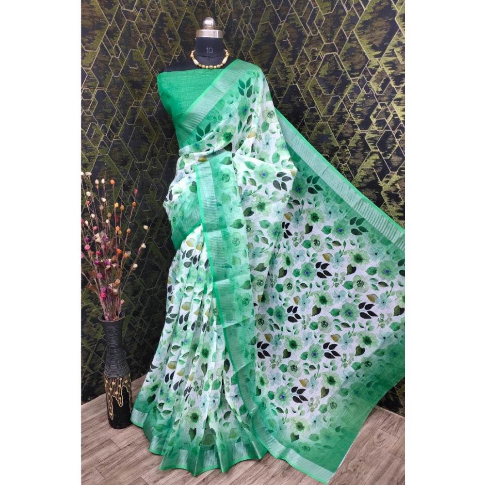 Generic Women's Cotton Linen Woven Design Saree With Unstitched Blouse 5.5Mtr (Green) - MYLUXURY LANE ENTERPRISE