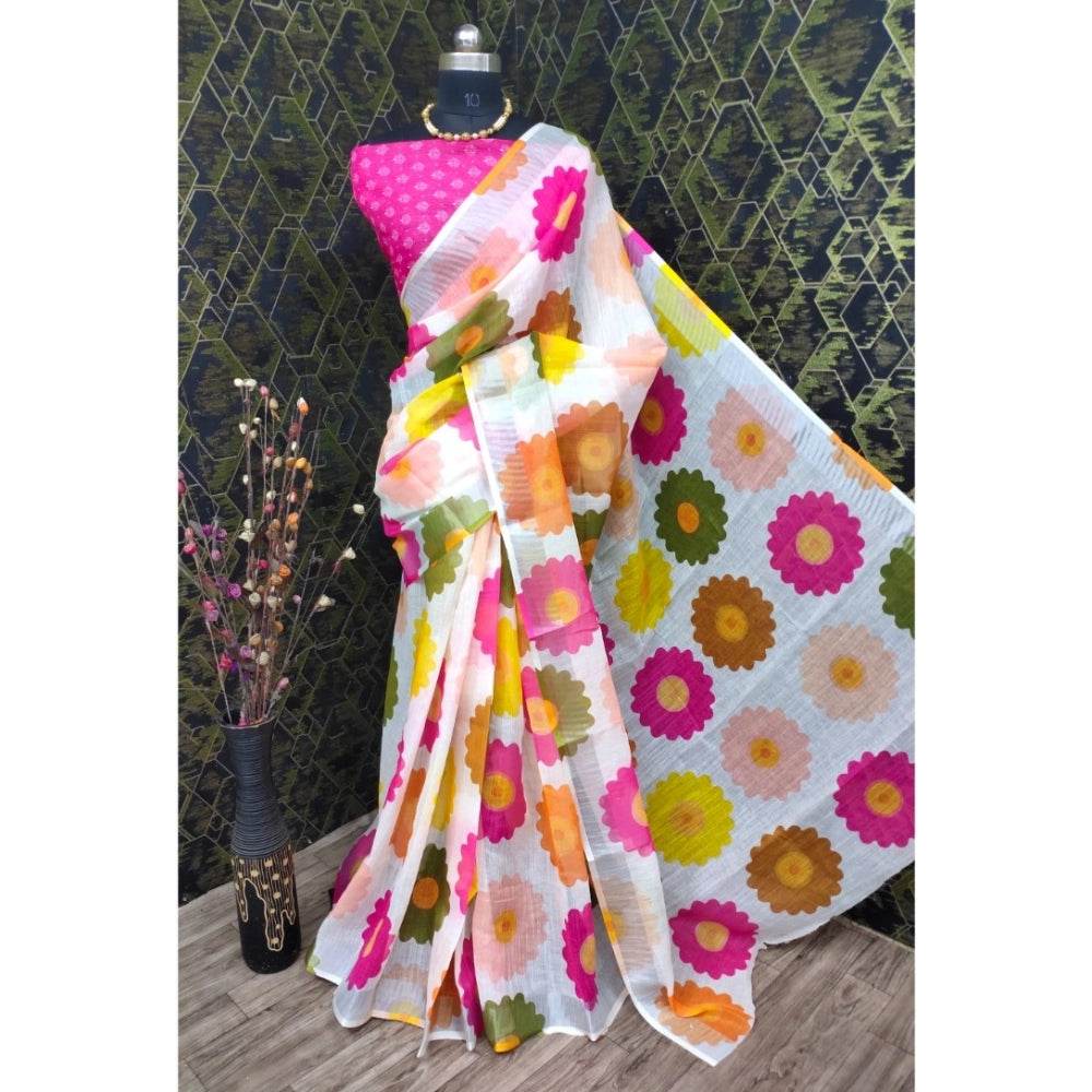 Generic Women's Cotton Linen Woven Design Saree With Unstitched Blouse 5.5Mtr (Pink) - MYLUXURY LANE ENTERPRISE