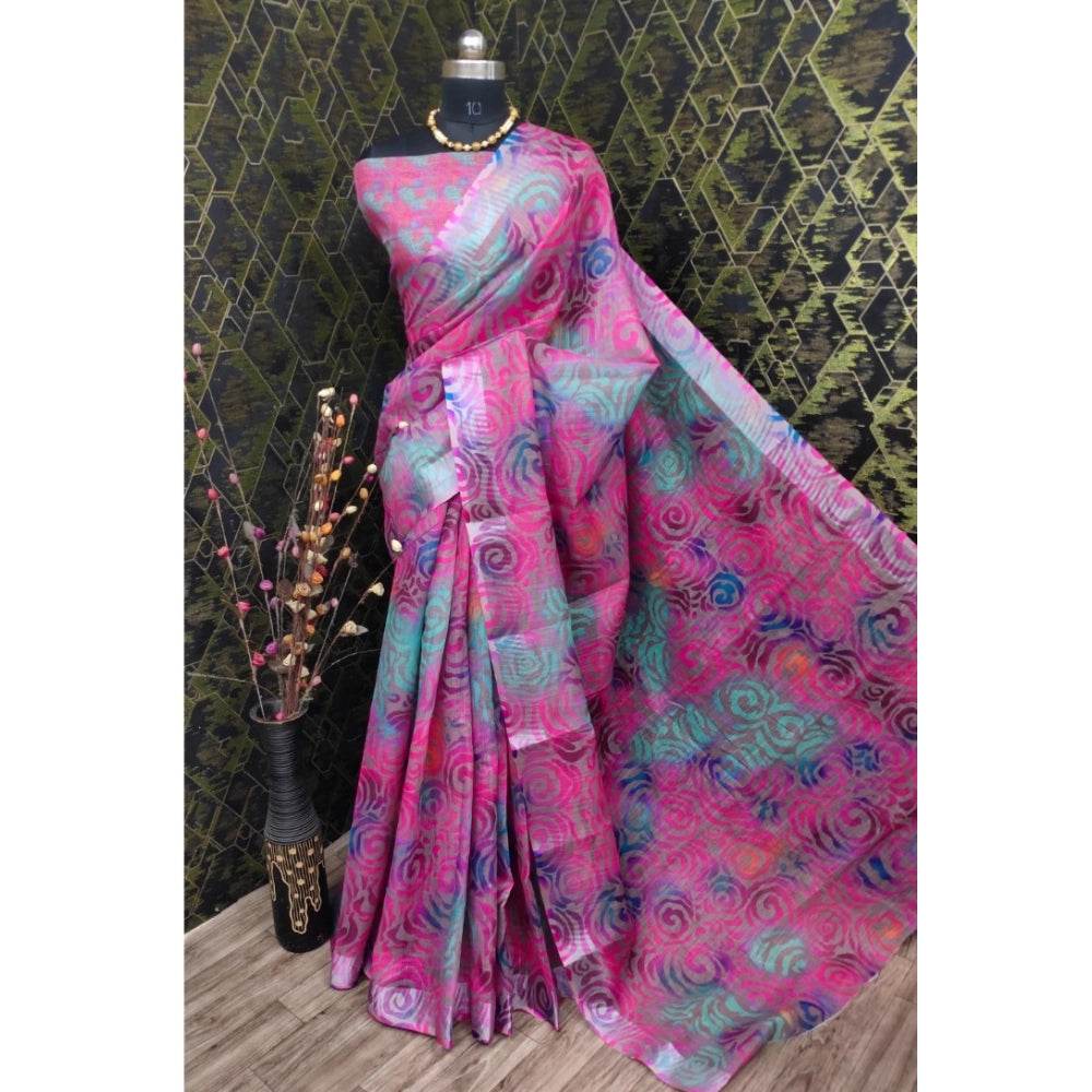 Generic Women's Cotton Linen Woven Design Saree With Unstitched Blouse 5.5Mtr (Pink) - MYLUXURY LANE ENTERPRISE