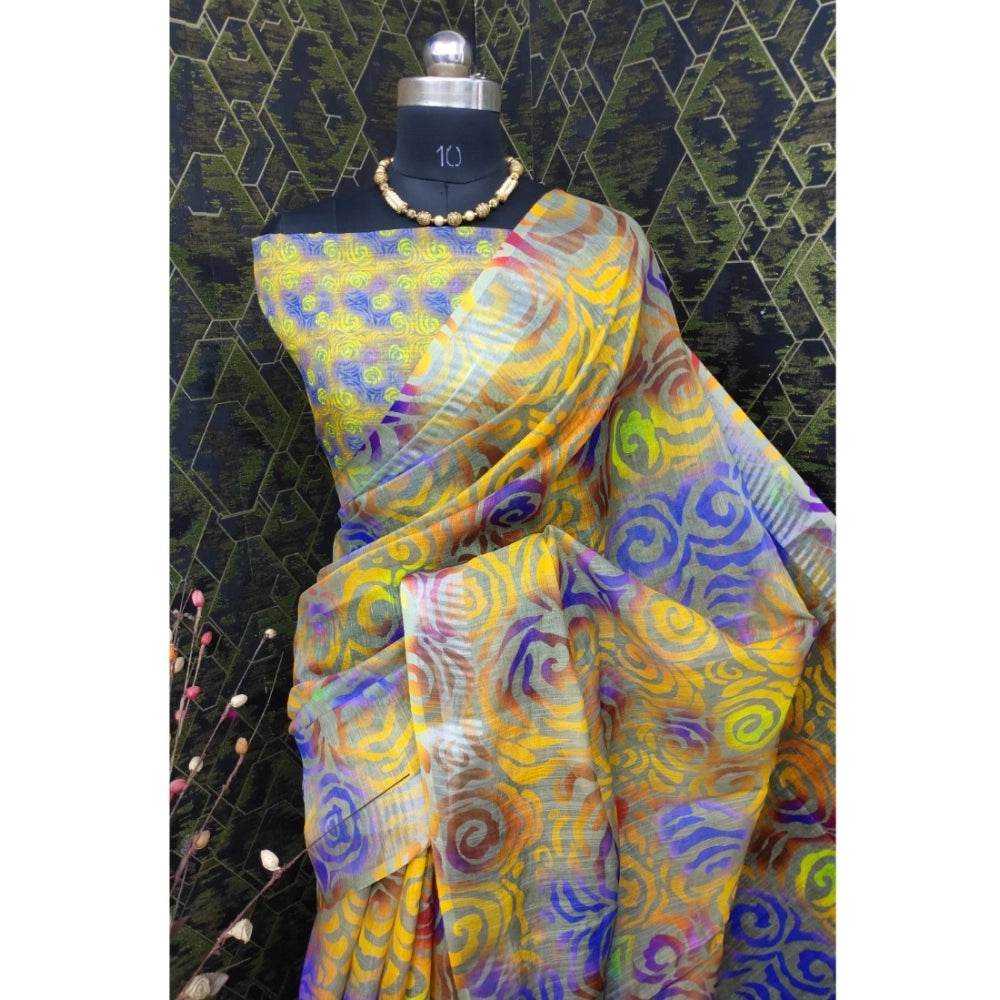 Generic Women's Cotton Linen Woven Design Saree With Unstitched Blouse 5.5Mtr (Yellow) - MYLUXURY LANE ENTERPRISE