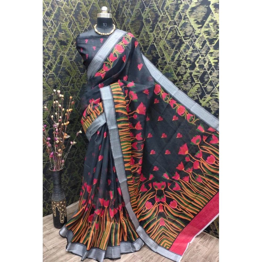 Generic Women's Cotton Linen Digital Print Saree With Unstitched Blouse 5.5Mtr (Black) - MYLUXURY LANE ENTERPRISE