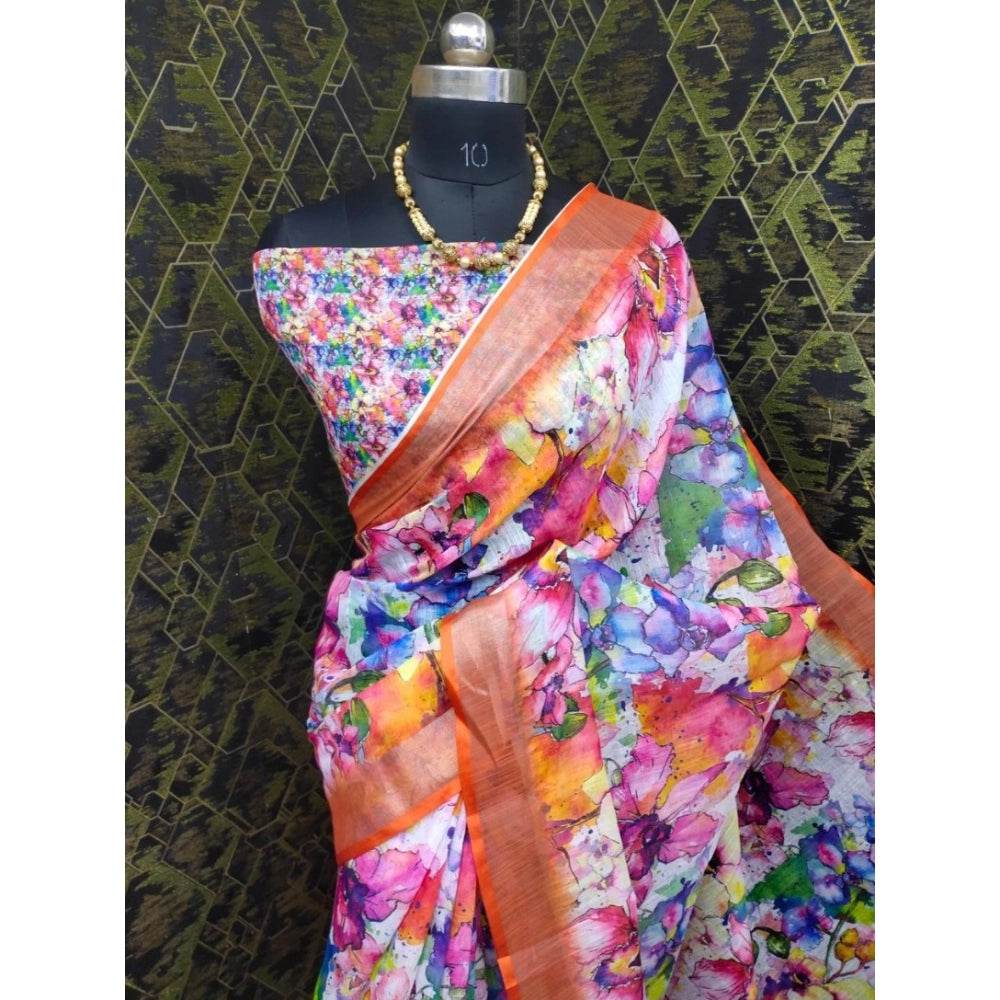 Generic Women's Cotton Linen Printed Saree With Unstitched Blouse 5.5Mtr (Orange) - MYLUXURY LANE ENTERPRISE