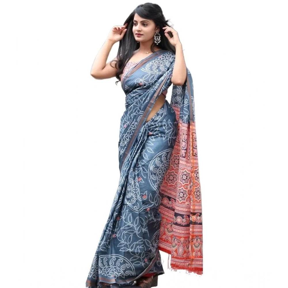 Generic Women's Cotton Linen Printed Saree With Unstitched Blouse 5.5Mtr (Grey) - MYLUXURY LANE ENTERPRISE