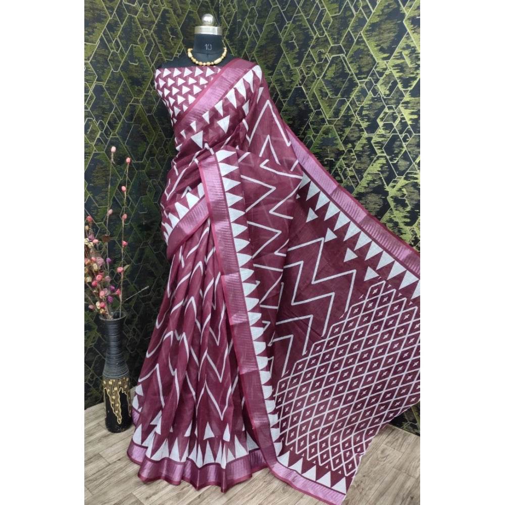 Generic Women's Cotton Linen Woven Design Saree With Unstitched Blouse 5.5Mtr (Maroon) - MYLUXURY LANE ENTERPRISE