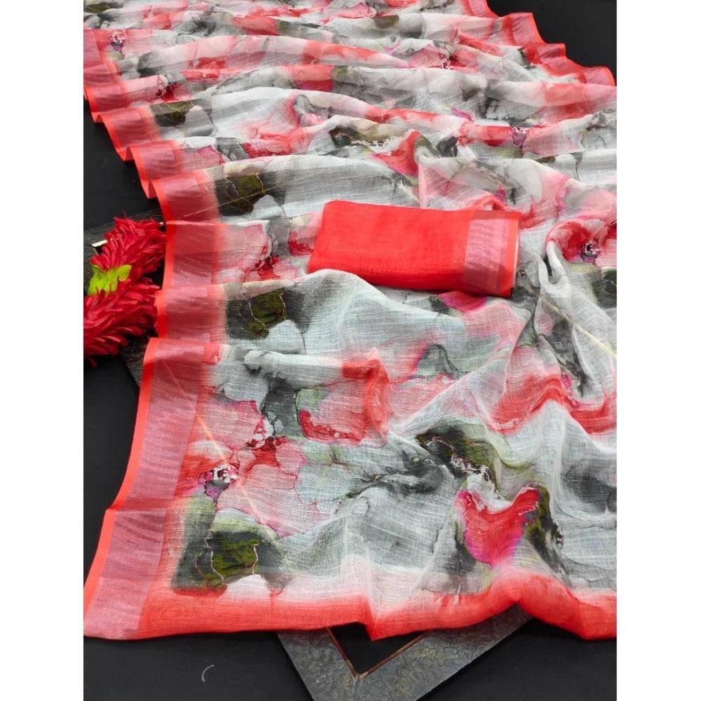 Generic Women's Cotton Linen Woven Design Saree With Unstitched Blouse 5.5Mtr (Red) - MYLUXURY LANE ENTERPRISE