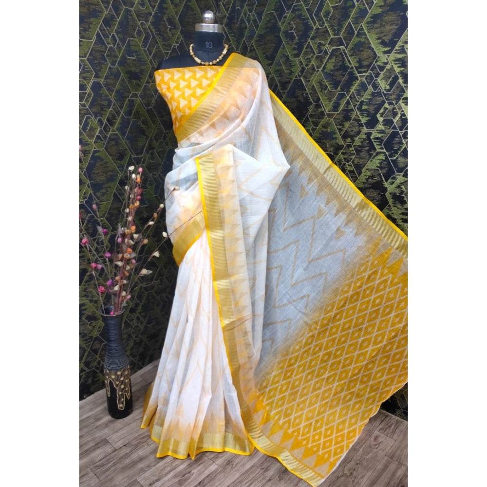 Generic Women's Cotton Linen Woven Design Saree With Unstitched Blouse 5.5Mtr (Yellow) - MYLUXURY LANE ENTERPRISE